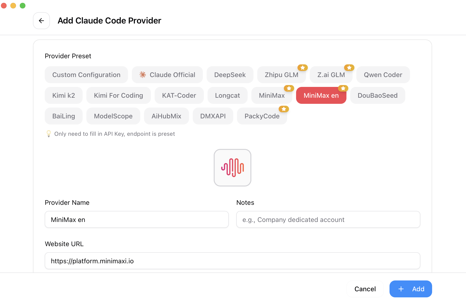CC-Switch add-provider screen
