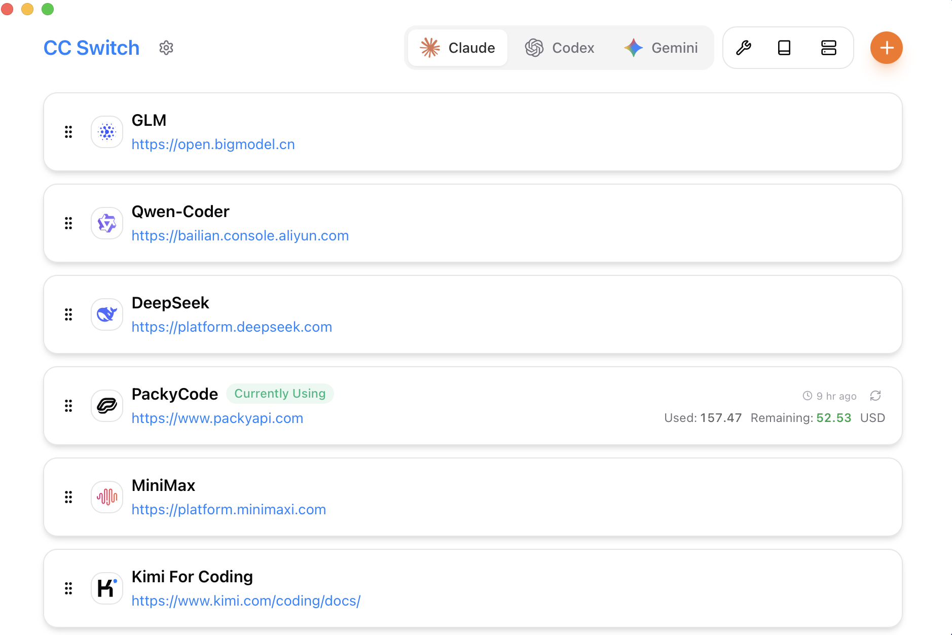 CC-Switch main provider screen