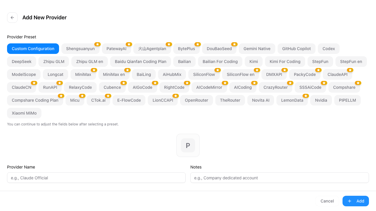 Claude Desktop add-provider screen